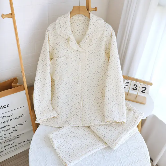 Air Layer Pastoral Floral Lace Lapel Pajamas Suit Secret Language Flower Garden - Shop at LoveMi