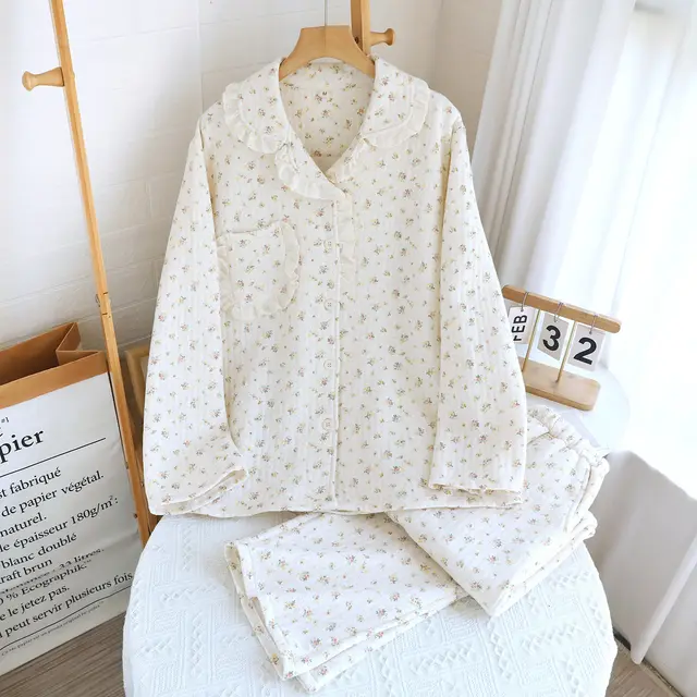 Air Layer Pastoral Floral Lace Lapel Pajamas Suit Warm Autumn Sun - Shop at LoveMi