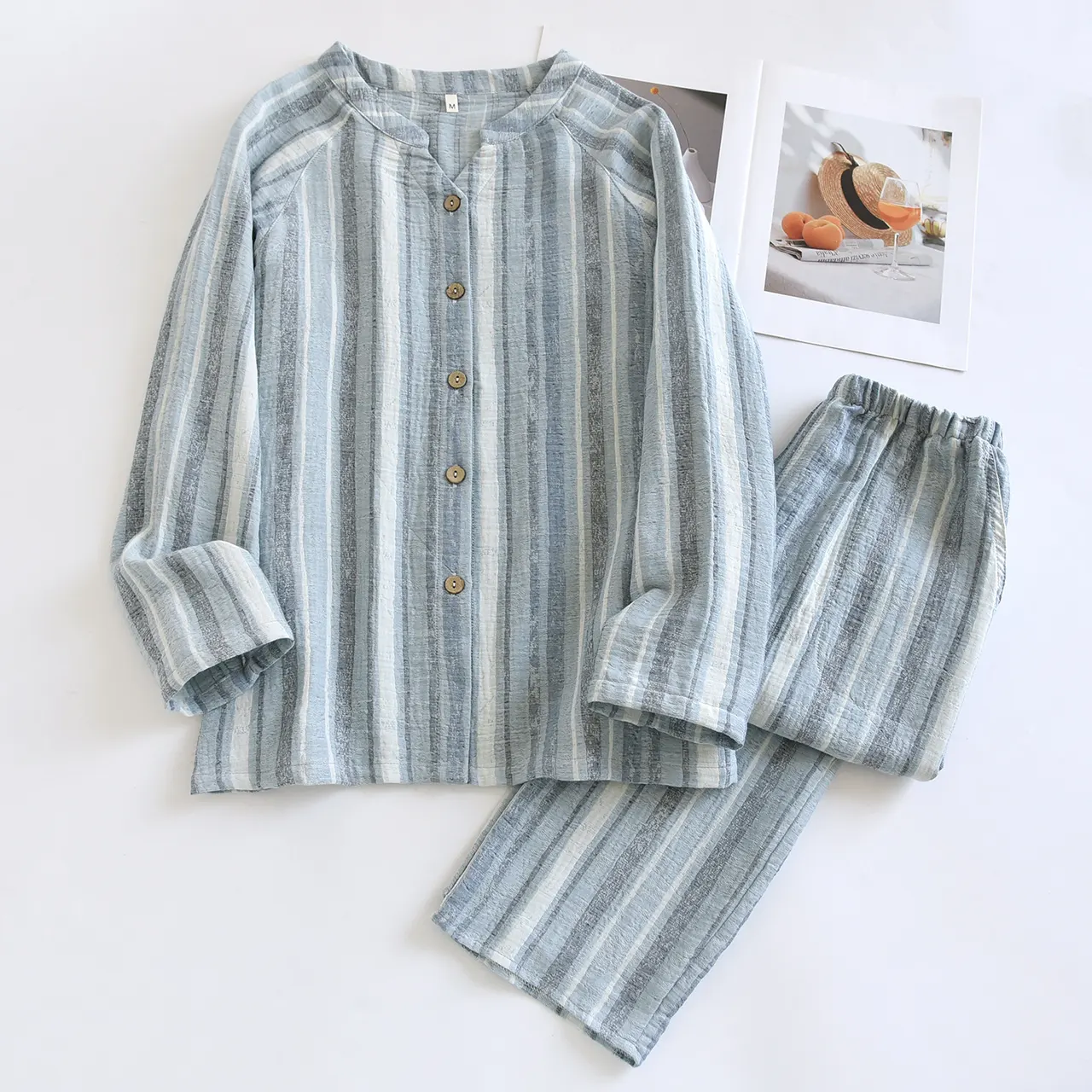 Women's V-neck Cotton Double-layer Crepe Pajamas Suit - Blue Colored Stripes - View 1