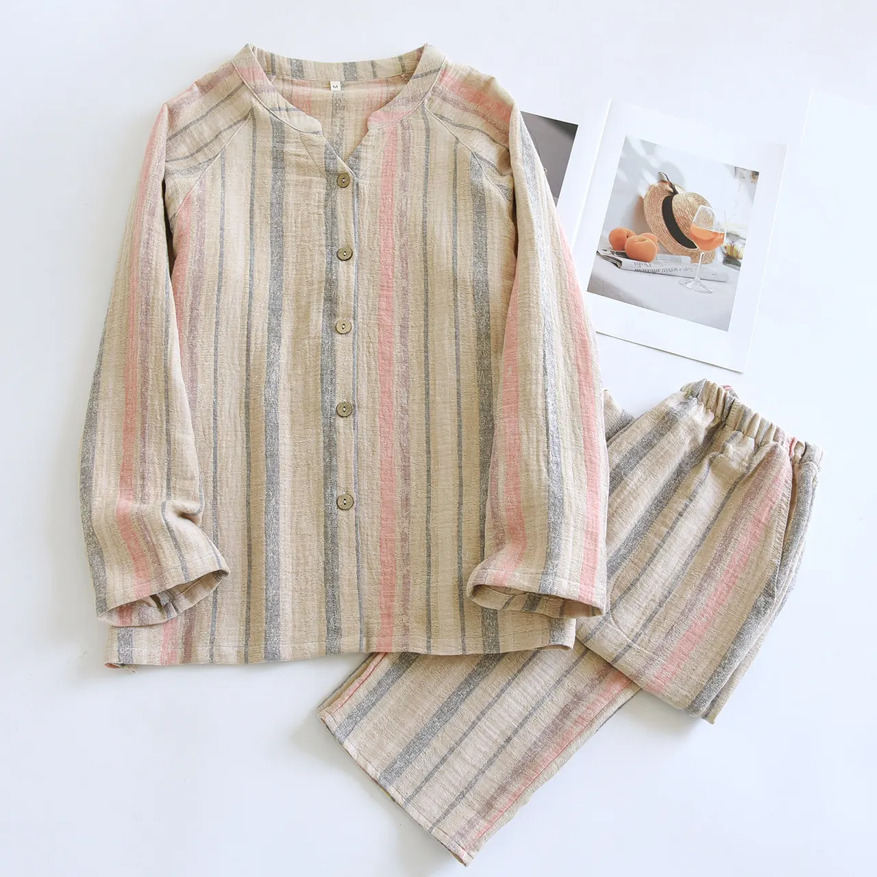 Women's V-neck Cotton Double-layer Crepe Pajamas Suit - Khaki Color Stripes Suit - View 1