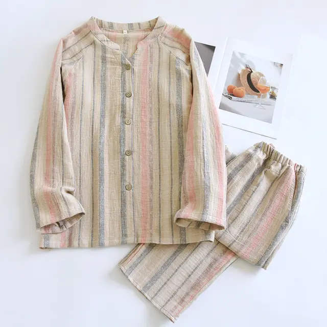 Women's V neck Cotton Double layer Crepe Pajamas Suit Khaki Color Stripes Suit - Shop at LoveMi