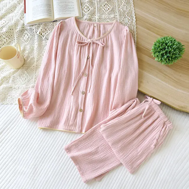 Women's Candy colored Crepe Corded Round Neck Pajamas Suit Pink - Shop at LoveMi