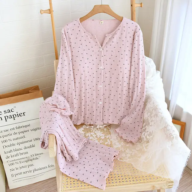 Knitted Sunken Stripe Stretch Chest Pad Long sleeved Trousers Pajamas Suit Sea Salt Pink - Shop at LoveMi