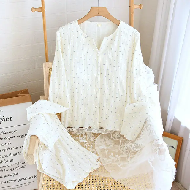 Knitted Sunken Stripe Stretch Chest Pad Long sleeved Trousers Pajamas Suit Sea Salt White - Shop at LoveMi