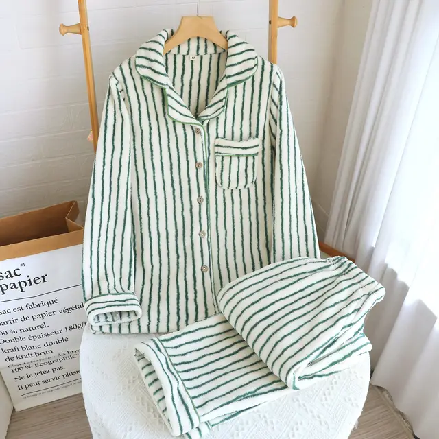 Striped Flannel Couple Lapel Pajamas Suit Beige Women'S Suit - Shop at LoveMi