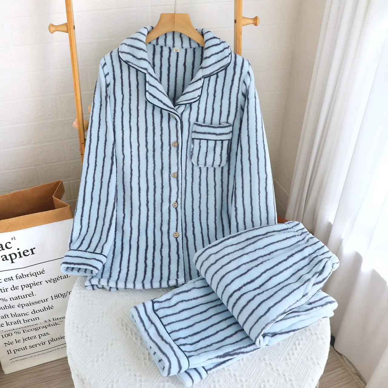 Striped Flannel Couple Lapel Pajamas Suit - Blue Women'S Suit