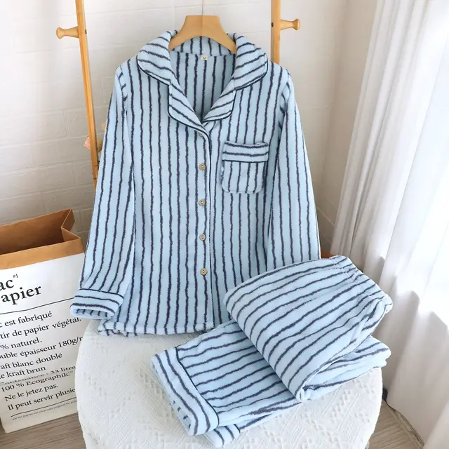 Striped Flannel Couple Lapel Pajamas Suit Blue Women'S Suit - Shop at LoveMi
