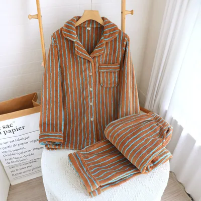Striped Flannel Couple Lapel Pajamas Suit Brown - Shop at LoveMi