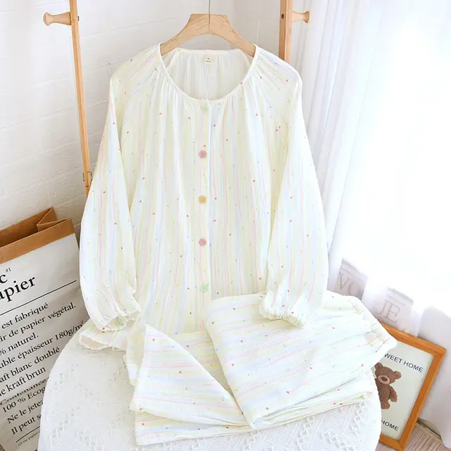 Cotton Yarn Sweet Cotton Candy Home Wear Long sleeved Trousers Pajamas Round Neck Cardigan Suit - Shop at LoveMi