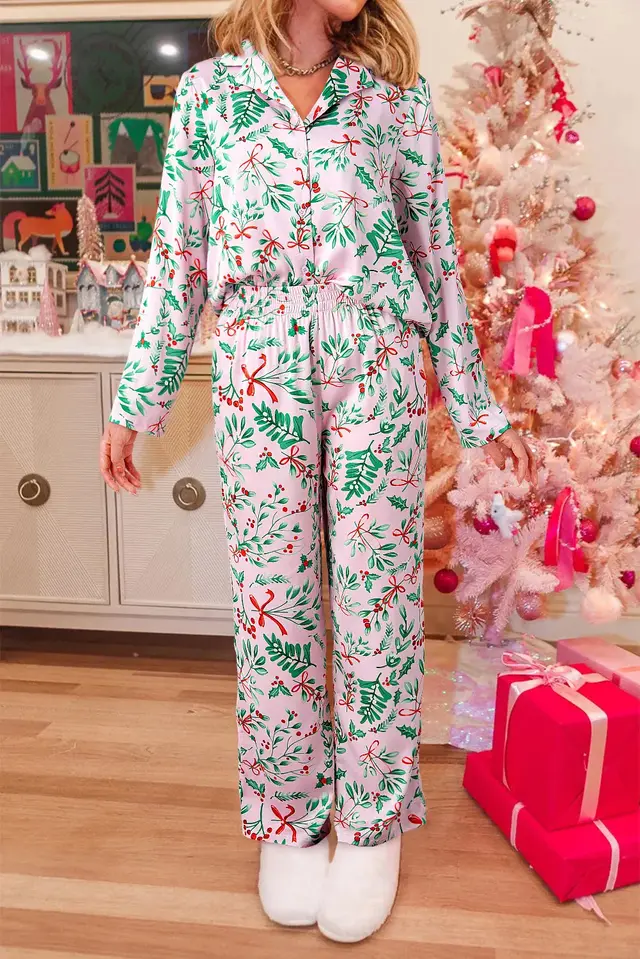Christmas Berries Plant Print Satin Long Sleeve Pajama Set Pink - Shop at LoveMi