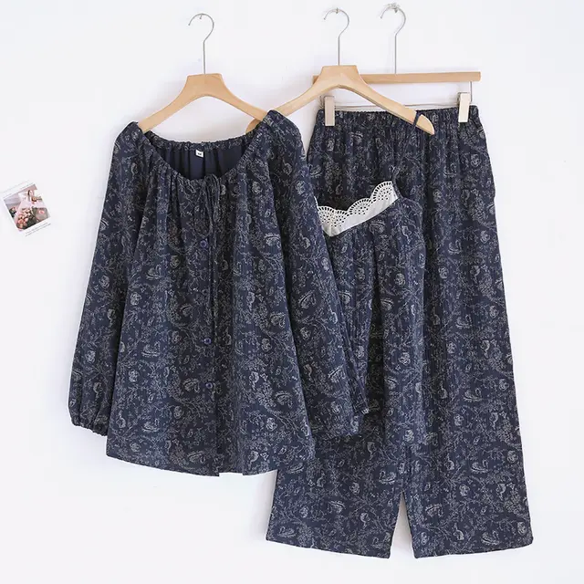 New Cotton Crepe Three piece Pajamas Women's Homewear Suit Blue - Shop at LoveMi