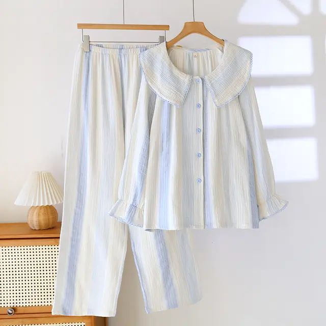 Contrast color Doll Collar Long sleeved Trousers Homewear Suit Striped Cardigan Set Blue - Shop at LoveMi