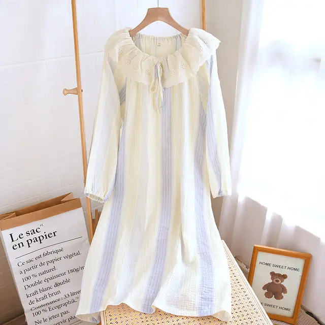 Contrast color Doll Collar Long sleeved Trousers Homewear Suit Striped Lace Nightdress Blue - Shop at LoveMi