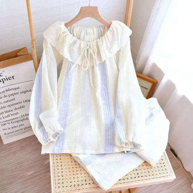Contrast color Doll Collar Long sleeved Trousers Homewear Suit Striped Lace Suit Blue - Shop at LoveMi