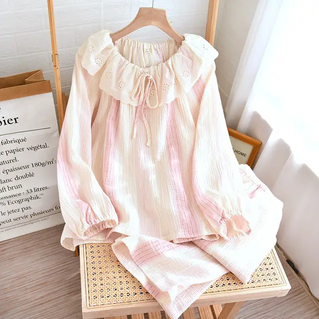 Contrast color Doll Collar Long sleeved Trousers Homewear Suit Striped Lace Suit Pink - Shop at LoveMi