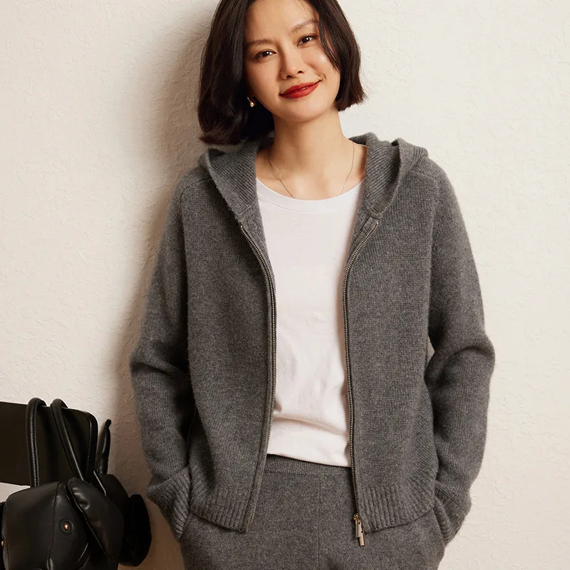 Women's Cashmere Hooded Zip Cardigan Sweater Dark Gray - Shop at LoveMi