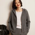 Women's Cashmere Hooded Zip Cardigan Sweater - Dark Grey