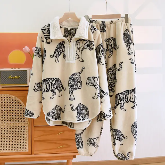 Women's Zipper Collar Pullover Flannel Pajamas Suit Beige Tiger Suit - Shop at LoveMi