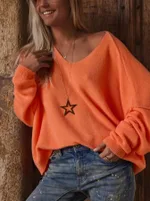 New Deep V-neck Pullover Women's Sweater - Orange