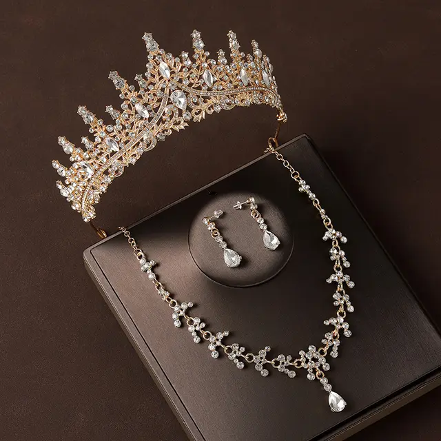 Crown Headdress Necklace Earrings Champagne Gold Vintage Ts0002Eandxl0018H - Shop at LoveMi