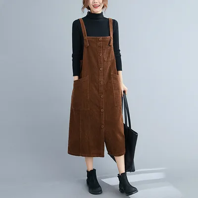 Sleeveless Artistic Large Size Loose Mid length Women's Vest Dress Corduroy Camel - Shop at LoveMi