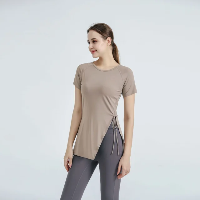 Short Sleeve Loose Quick drying Women's Running Exercise T shirt Coffee Color - Shop at LoveMi