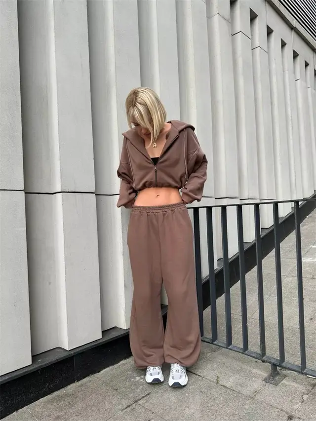Hoodie With Drawstrings Long sleeve Suit Women Coffee - Shop at LoveMi
