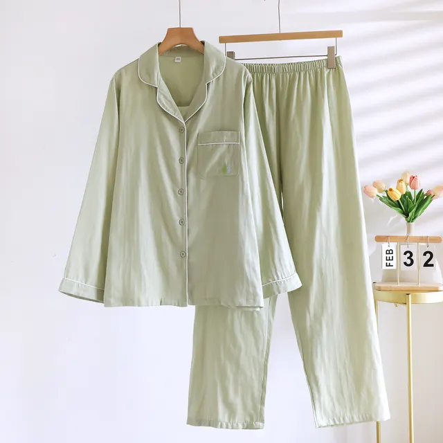 Double Pure Cotton Gauze Pajamas Women's Suit Light Green - Shop at LoveMi