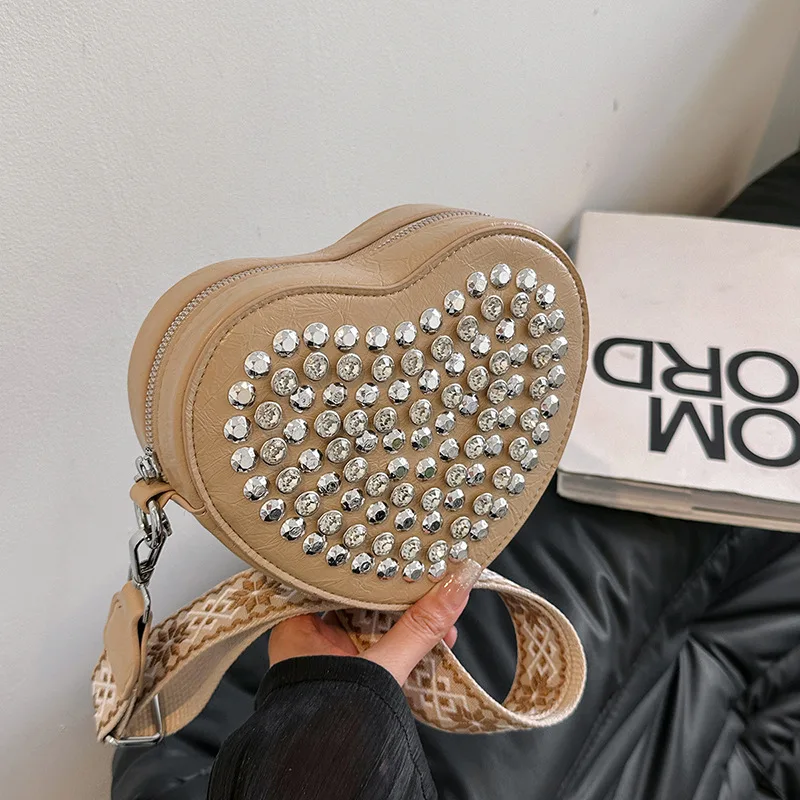 Heart Bag Wide Shoulder Strap Western Style All-matching Rivet Crossbody Phone Bag - Khaki - View 1