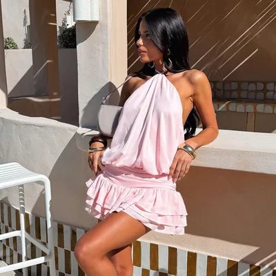 Solid Color Waist Tight Lace up Halterneck Dress Pink - Shop at LoveMi