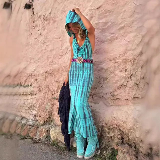 Hooded Backless Print Ethnic Style Dress Color - Shop at LoveMi