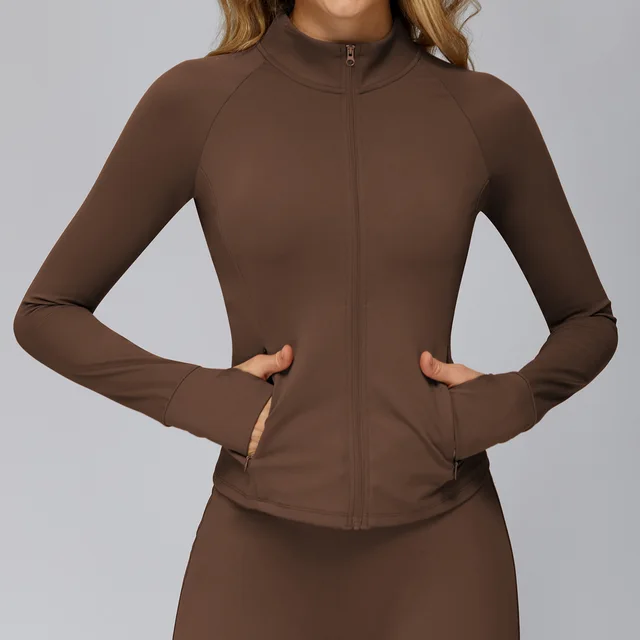 Brushed Yoga Jacket Long sleeved Zipper Pocket Tight Top Brown - Shop at LoveMi