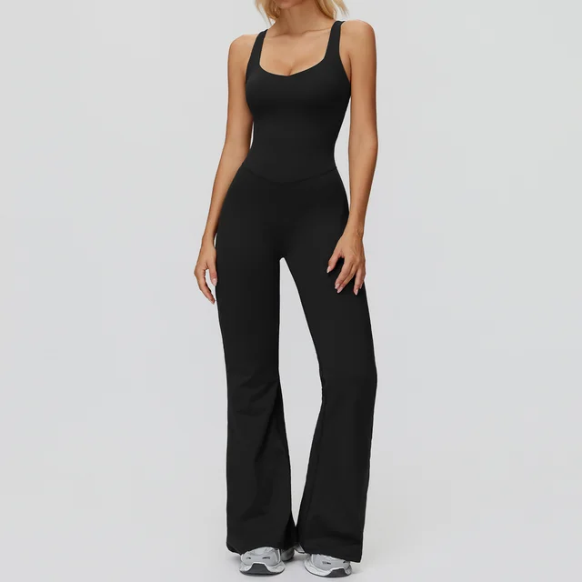 Cross Back Micro pull Wide leg Jumpsuit Running Sports Workout Clothes For Women Black - Shop at LoveMi