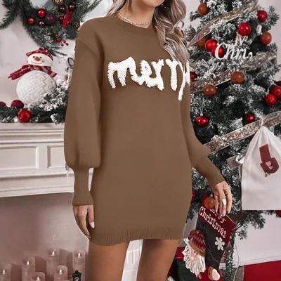 Women's Christmas Knitted Round Neck Sweater Dresses Lantern Sleeve Pullover Sheath Dress Elegant Loose New Year Party Dresses Fall Winter Knitted Sweater Jumper Coffee - Shop at LoveMi