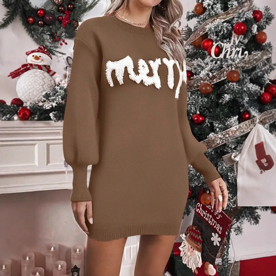 Women's Christmas Knitted Round Neck Sweater Dresses Lantern Sleeve Pullover Sheath Dress Elegant Loose New Year Party Dresses Fall Winter Knitted ... - View 1