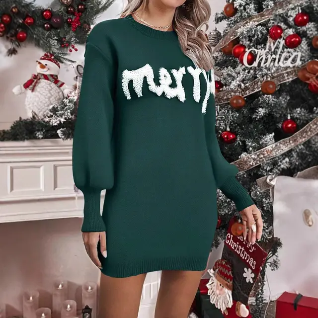 Women's Christmas Knitted Round Neck Sweater Dresses Lantern Sleeve Pullover Sheath Dress Elegant Loose New Year Party Dresses Fall Winter Knitted ...
