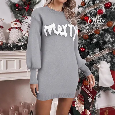 Women's Christmas Knitted Round Neck Sweater Dresses Lantern Sleeve Pullover Sheath Dress Elegant Loose New Year Party Dresses Fall Winter Knitted ... Gray - Shop at LoveMi