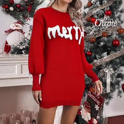 Women's Christmas Knitted Round Neck Sweater Dresses Lantern Sleeve Pullover Sheath Dress Elegant Loose New Year Party Dresses Fall Winter Knitted Sweater Jumper Red - Shop at LoveMi