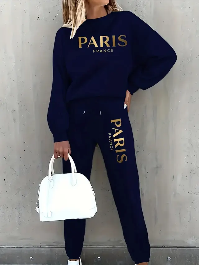 Letter Printing Long Sleeve Crew Neck Sweater Leisure Sports Fleece lined Suit Dark Blue - Shop at LoveMi
