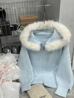 Thickened Hooded Large Fur Collar Knitted Women's Clothing Loose Casual Sweater - Light Blue