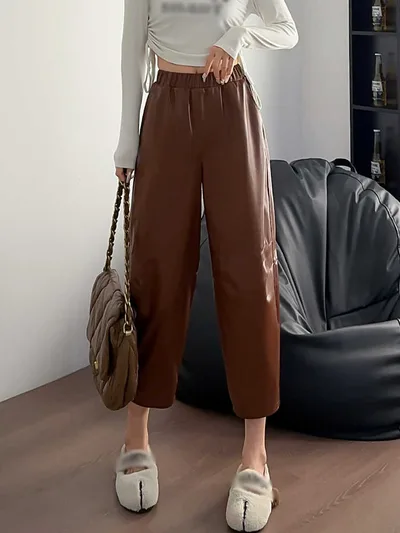 Women's Casual Simple All match Leather Wide leg Trousers Brown - Shop at LoveMi