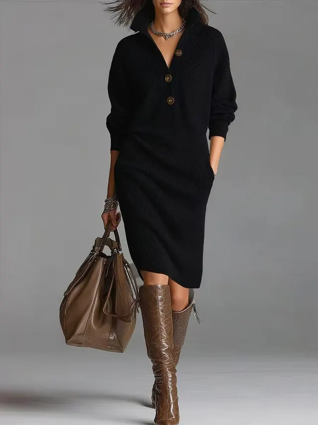 Long sleeved Sweater Dress Fashion Warm Stand up Collar V neck Button Pullover Dresses Winter Casual Commuting Women's Clothing Black - Shop at LoveMi