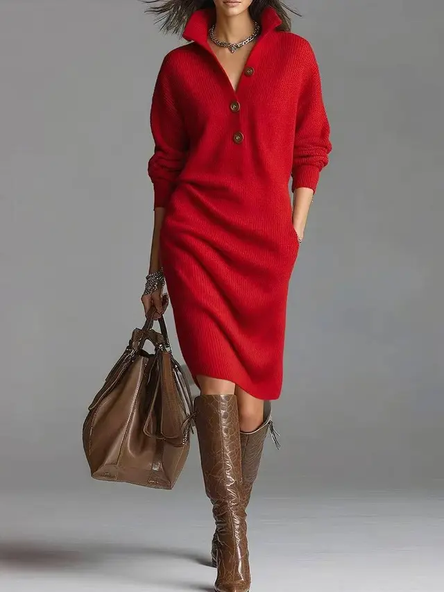 Long sleeved Sweater Dress Fashion Warm Stand up Collar V neck Button Pullover Dresses Winter Casual Commuting Women's Clothing Red - Shop at LoveMi