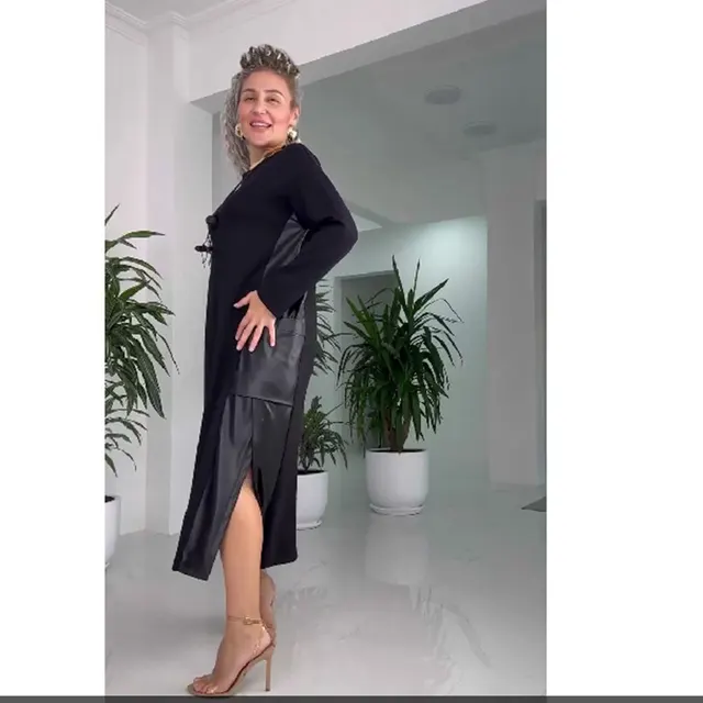 Women's New Contrast Color Leather Stitching Plus Size Dress Black - Shop at LoveMi