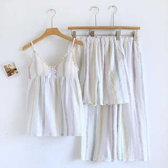 Women's Three piece Pajamas With Summer Pure Cotton Suspenders Rainbow Bar - Shop at LoveMi