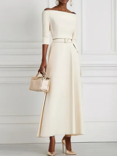 Solid Color Fashion Temperament Waist controlled Off shoulder Dress For Women Beige - Shop at LoveMi
