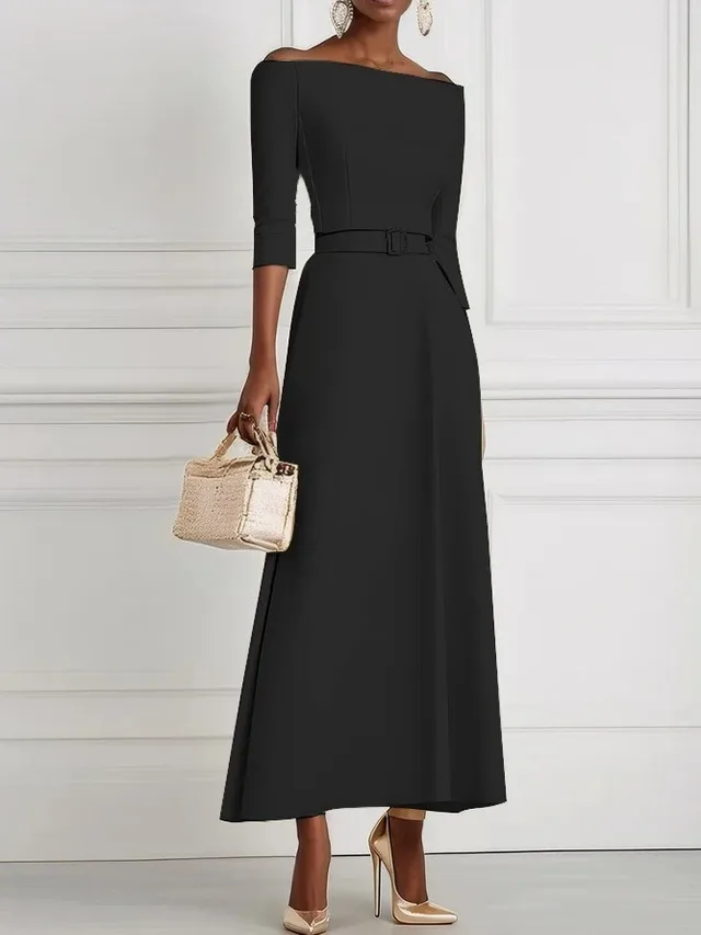 Solid Color Fashion Temperament Waist controlled Off shoulder Dress For Women Black - Shop at LoveMi