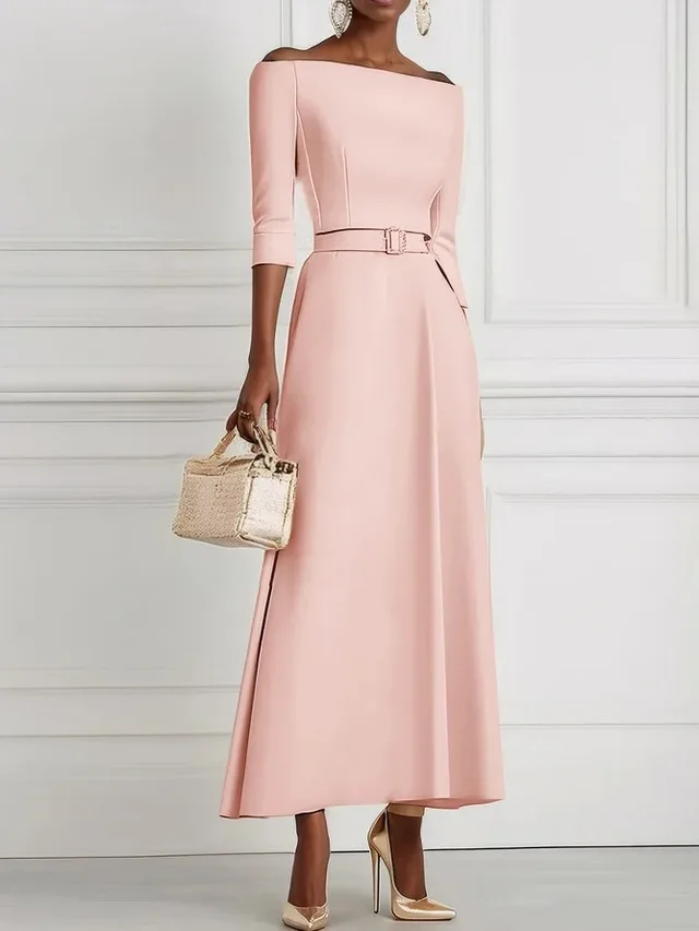 Solid Color Fashion Temperament Waist controlled Off shoulder Dress For Women Pink - Shop at LoveMi