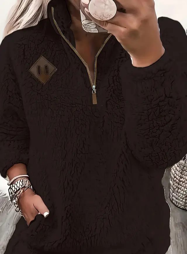 Solid Color Plush Half Zipper Pocket Pullover Sweater Top Women Black - Shop at LoveMi