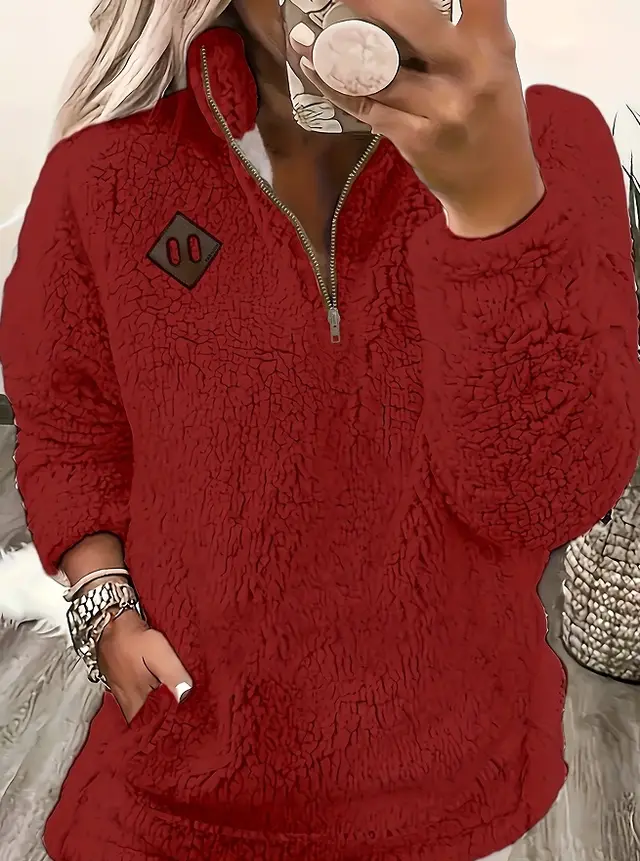 Solid Color Plush Half Zipper Pocket Pullover Sweater Top Women Red - Shop at LoveMi